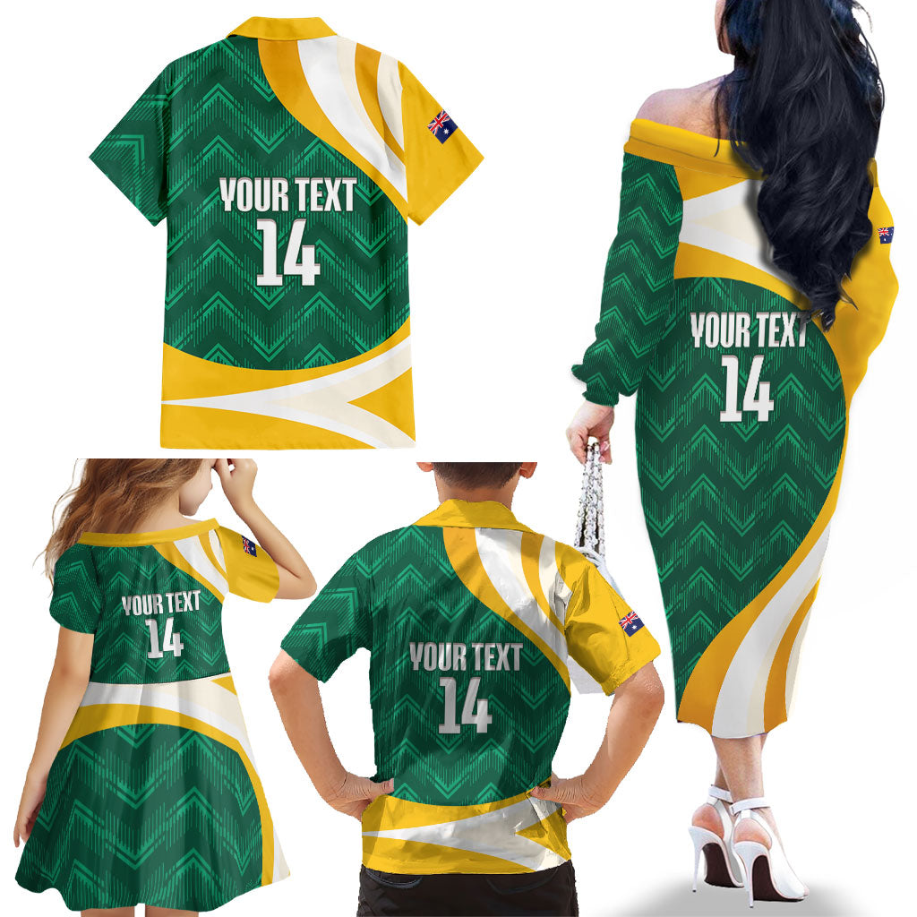 Australia 2026 Soccer Custom Family Matching Off The Shoulder Long Sleeve Dress and Hawaiian Shirt Go Socceroos Kangaroo Mascot Green Sporty