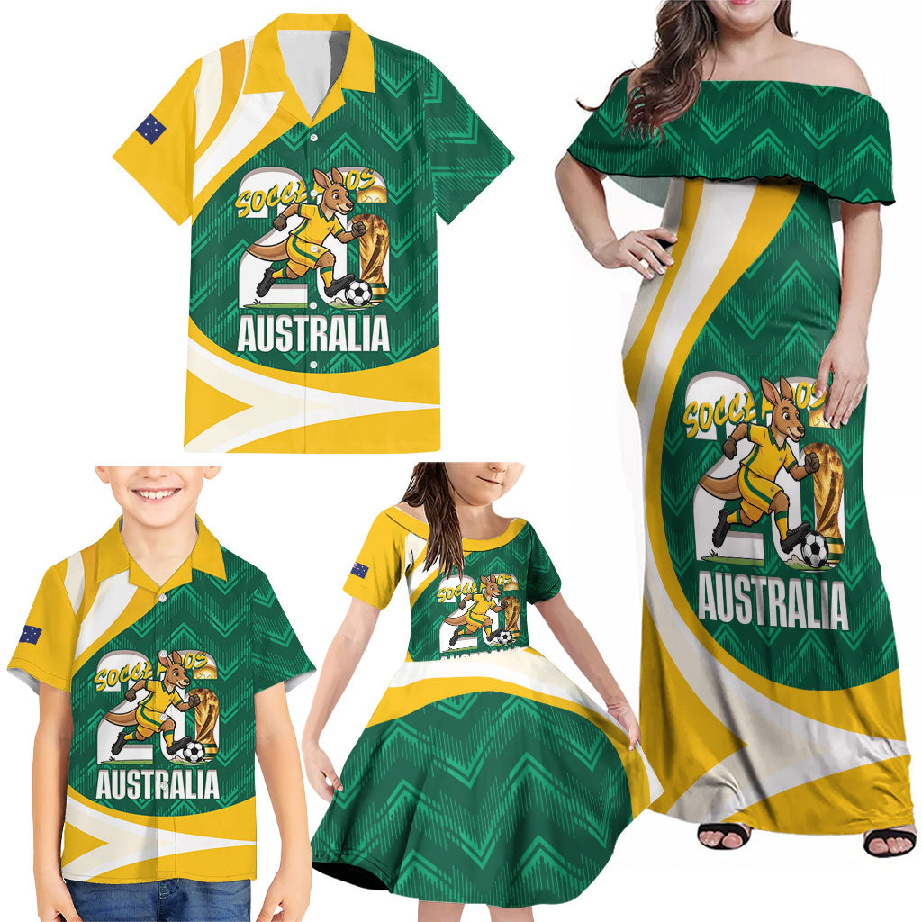Australia 2026 Soccer Custom Family Matching Off Shoulder Maxi Dress and Hawaiian Shirt Go Socceroos Kangaroo Mascot Green Sporty