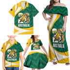Australia 2026 Soccer Custom Family Matching Off Shoulder Maxi Dress and Hawaiian Shirt Go Socceroos Kangaroo Mascot Green Sporty