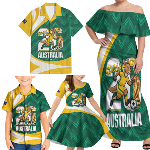 Australia 2026 Soccer Custom Family Matching Off Shoulder Maxi Dress and Hawaiian Shirt Go Socceroos Kangaroo Mascot Green Sporty