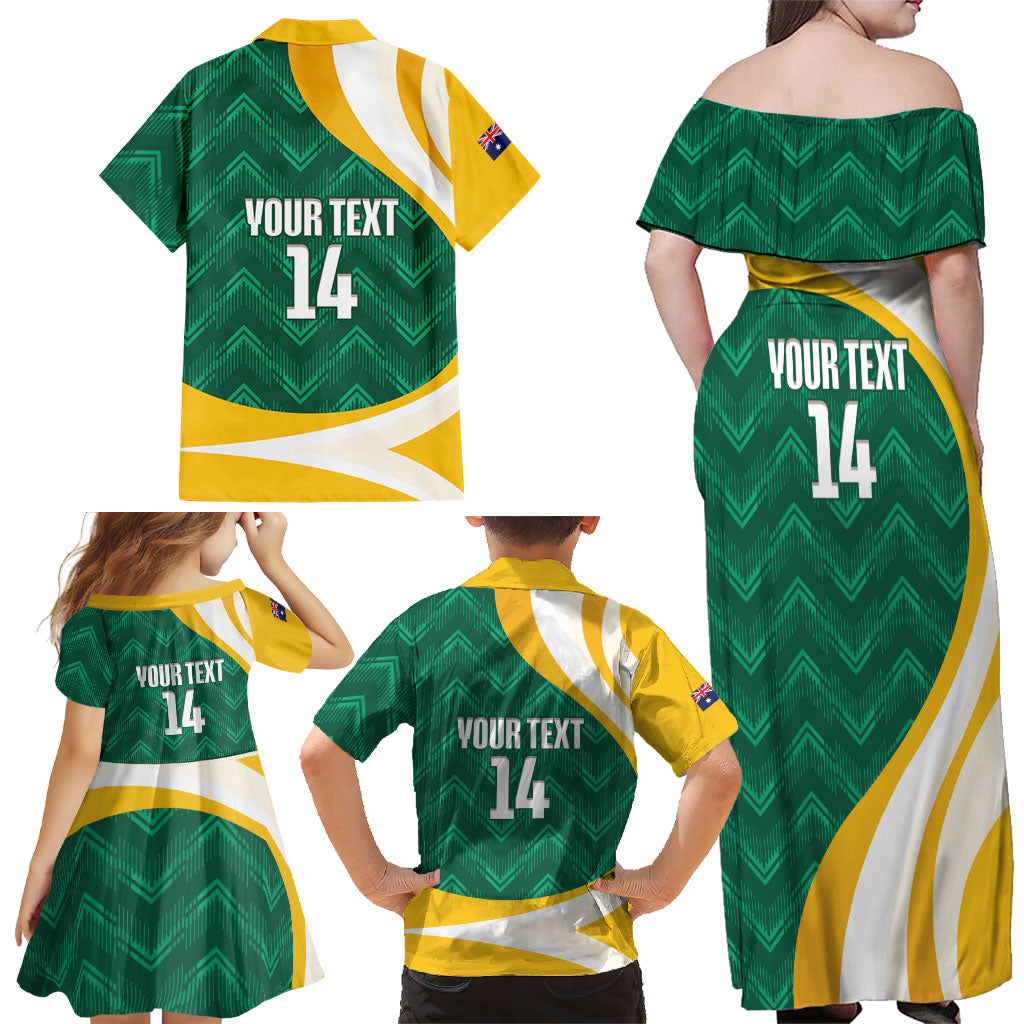 Australia 2026 Soccer Custom Family Matching Off Shoulder Maxi Dress and Hawaiian Shirt Go Socceroos Kangaroo Mascot Green Sporty