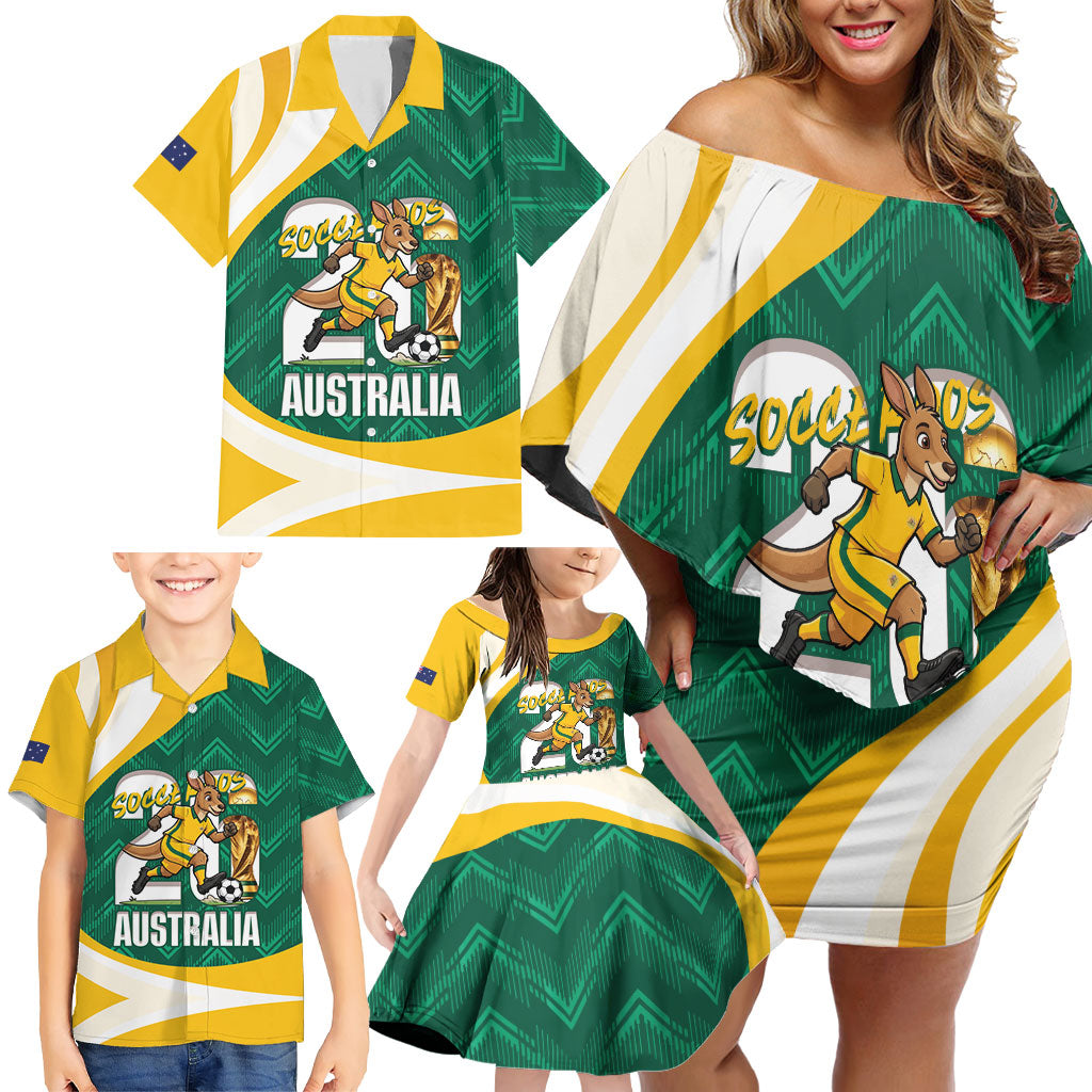 Australia 2026 Soccer Custom Family Matching Off Shoulder Short Dress and Hawaiian Shirt Go Socceroos Kangaroo Mascot Green Sporty