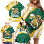Australia 2026 Soccer Custom Family Matching Off Shoulder Short Dress and Hawaiian Shirt Go Socceroos Kangaroo Mascot Green Sporty