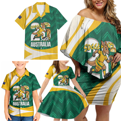 Australia 2026 Soccer Custom Family Matching Off Shoulder Short Dress and Hawaiian Shirt Go Socceroos Kangaroo Mascot Green Sporty