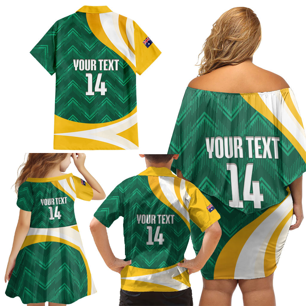Australia 2026 Soccer Custom Family Matching Off Shoulder Short Dress and Hawaiian Shirt Go Socceroos Kangaroo Mascot Green Sporty