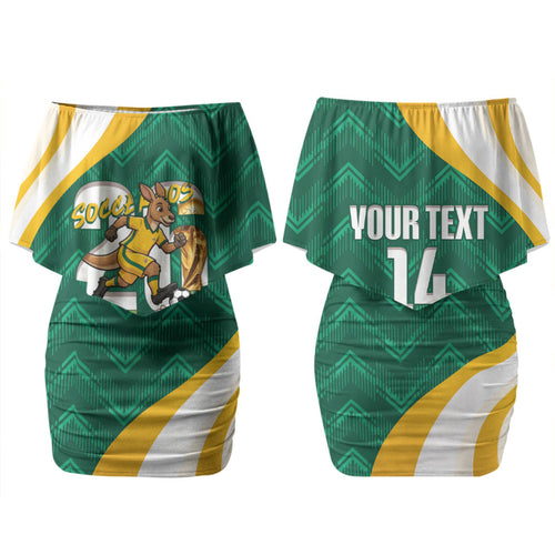 Australia 2026 Soccer Custom Family Matching Off Shoulder Short Dress and Hawaiian Shirt Go Socceroos Kangaroo Mascot Green Sporty