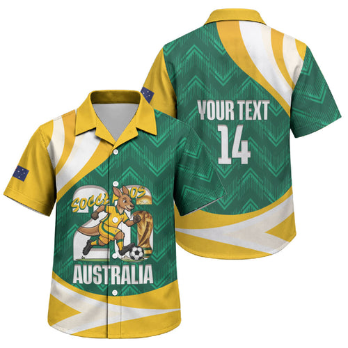 Australia 2026 Soccer Custom Family Matching Off Shoulder Short Dress and Hawaiian Shirt Go Socceroos Kangaroo Mascot Green Sporty