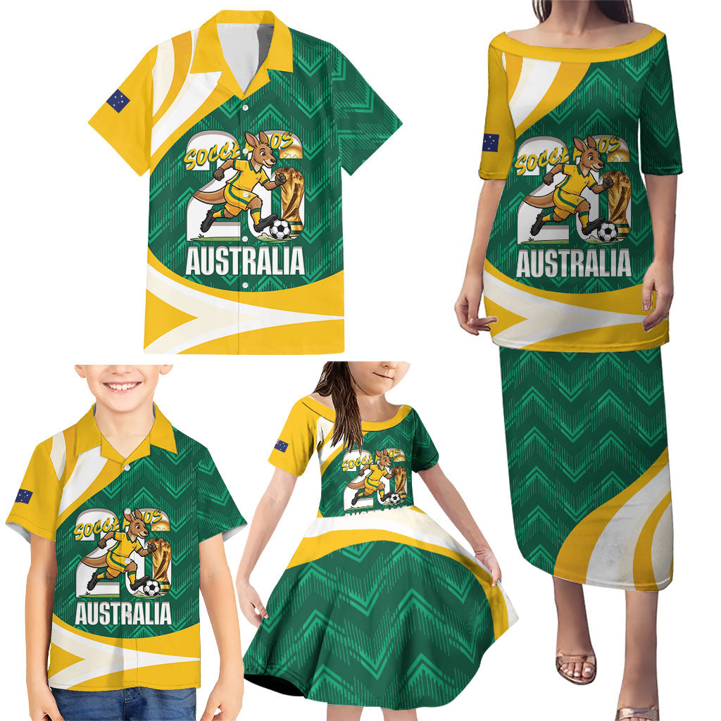Australia 2026 Soccer Custom Family Matching Puletasi and Hawaiian Shirt Go Socceroos Kangaroo Mascot Green Sporty