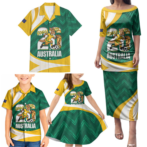Australia 2026 Soccer Custom Family Matching Puletasi and Hawaiian Shirt Go Socceroos Kangaroo Mascot Green Sporty