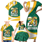 Australia 2026 Soccer Custom Family Matching Short Sleeve Bodycon Dress and Hawaiian Shirt Go Socceroos Kangaroo Mascot Green Sporty