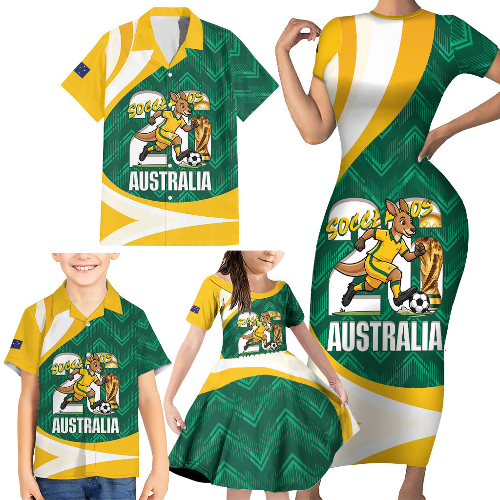 Australia 2026 Soccer Custom Family Matching Short Sleeve Bodycon Dress and Hawaiian Shirt Go Socceroos Kangaroo Mascot Green Sporty