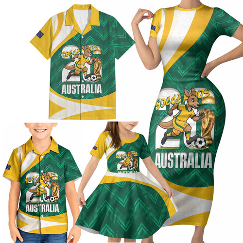 Australia 2026 Soccer Custom Family Matching Short Sleeve Bodycon Dress and Hawaiian Shirt Go Socceroos Kangaroo Mascot Green Sporty