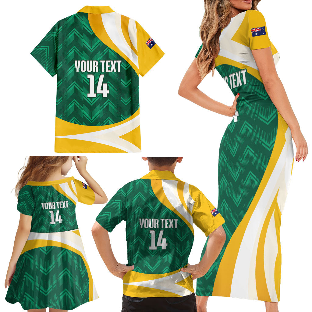 Australia 2026 Soccer Custom Family Matching Short Sleeve Bodycon Dress and Hawaiian Shirt Go Socceroos Kangaroo Mascot Green Sporty