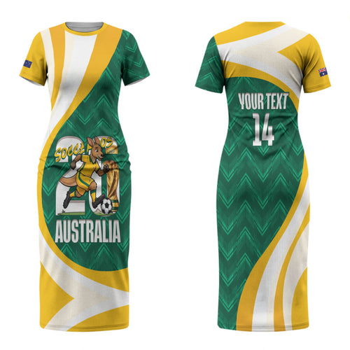 Australia 2026 Soccer Custom Family Matching Short Sleeve Bodycon Dress and Hawaiian Shirt Go Socceroos Kangaroo Mascot Green Sporty