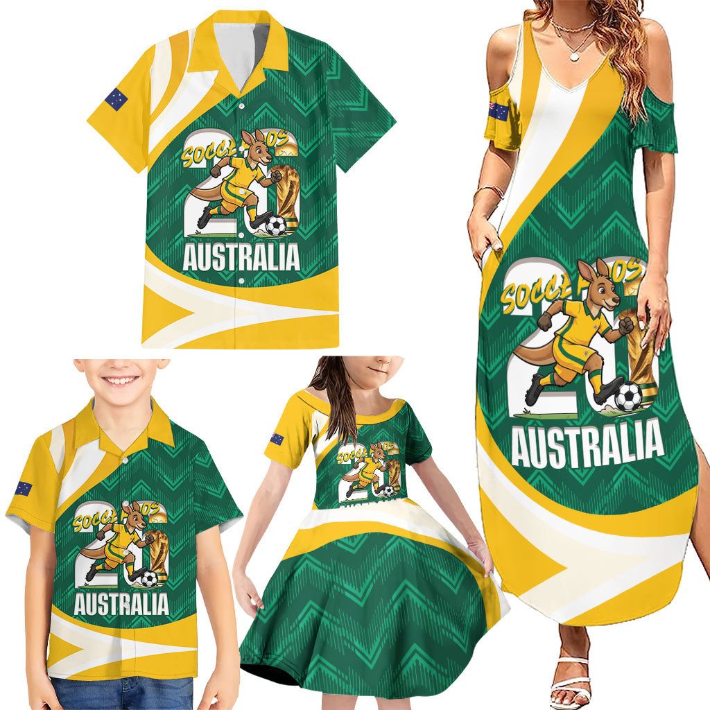 Australia 2026 Soccer Custom Family Matching Summer Maxi Dress and Hawaiian Shirt Go Socceroos Kangaroo Mascot Green Sporty