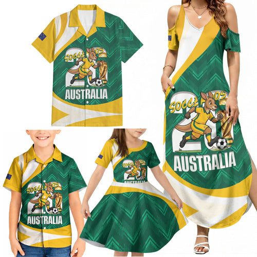 Australia 2026 Soccer Custom Family Matching Summer Maxi Dress and Hawaiian Shirt Go Socceroos Kangaroo Mascot Green Sporty