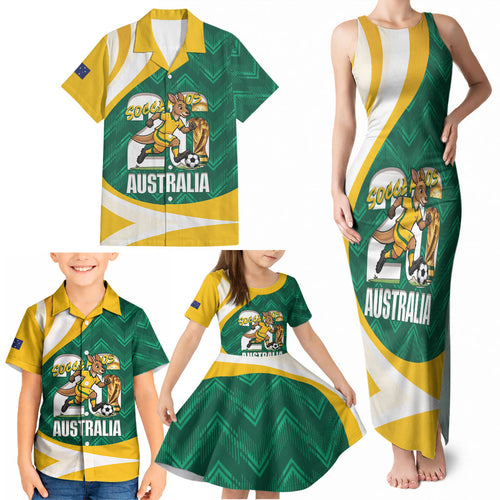 Australia 2026 Soccer Custom Family Matching Tank Maxi Dress and Hawaiian Shirt Go Socceroos Kangaroo Mascot Green Sporty