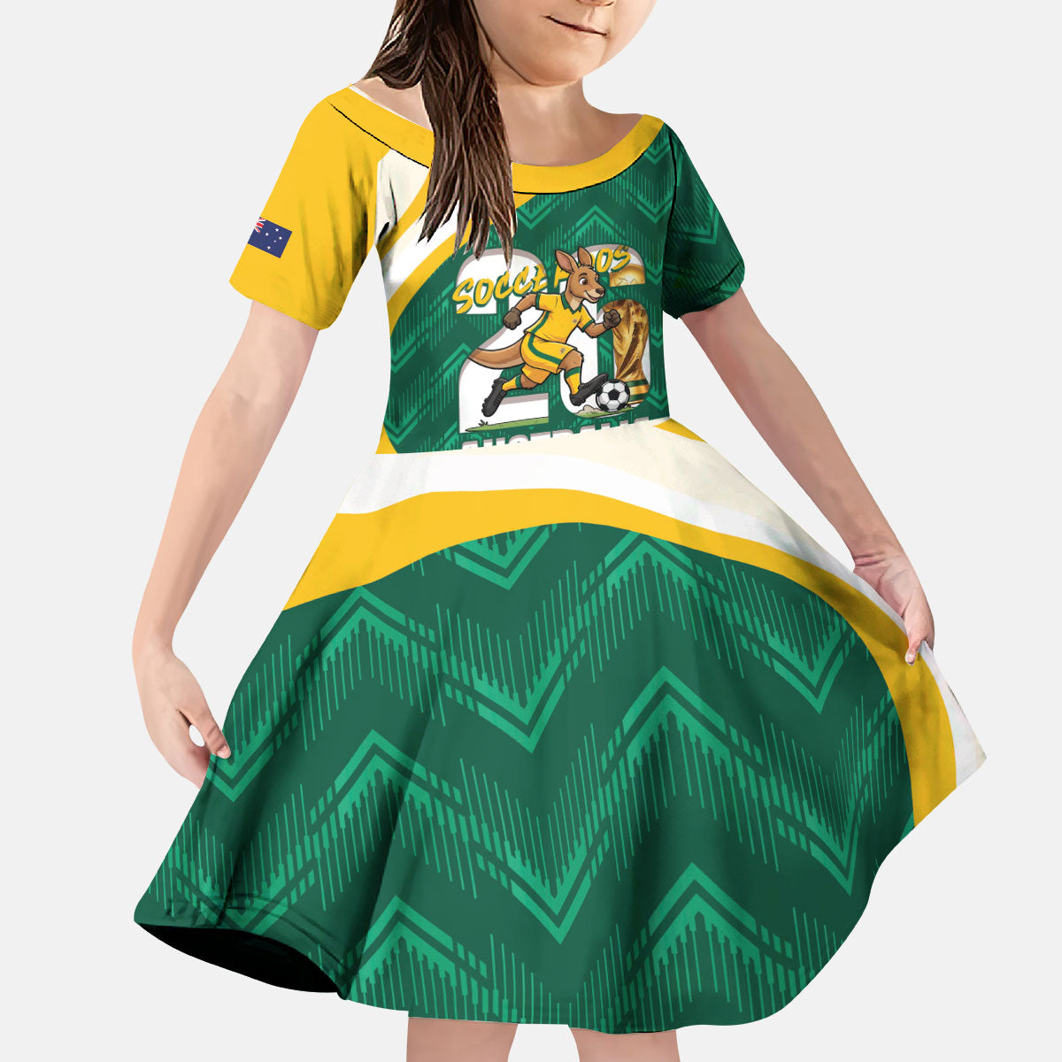 Australia 2026 Soccer Custom Kid Short Sleeve Dress Go Socceroos Kangaroo Mascot Green Sporty