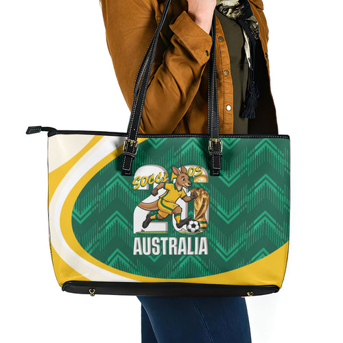 Australia 2026 Soccer Leather Tote Bag Go Socceroos Kangaroo Mascot Green Sporty