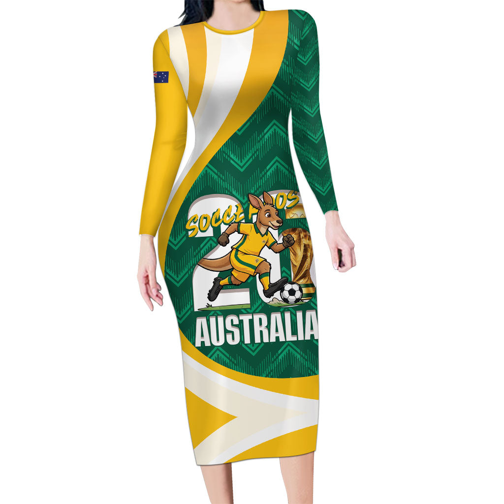 Australia 2026 Soccer Custom Long Sleeve Bodycon Dress Go Socceroos Kangaroo Mascot Green Sporty