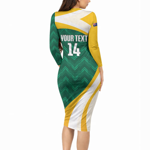 Australia 2026 Soccer Custom Long Sleeve Bodycon Dress Go Socceroos Kangaroo Mascot Green Sporty