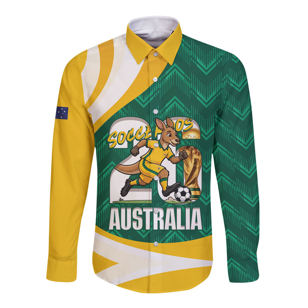 Australia 2026 Soccer Custom Long Sleeve Button Shirt Go Socceroos Kangaroo Mascot Green Sporty