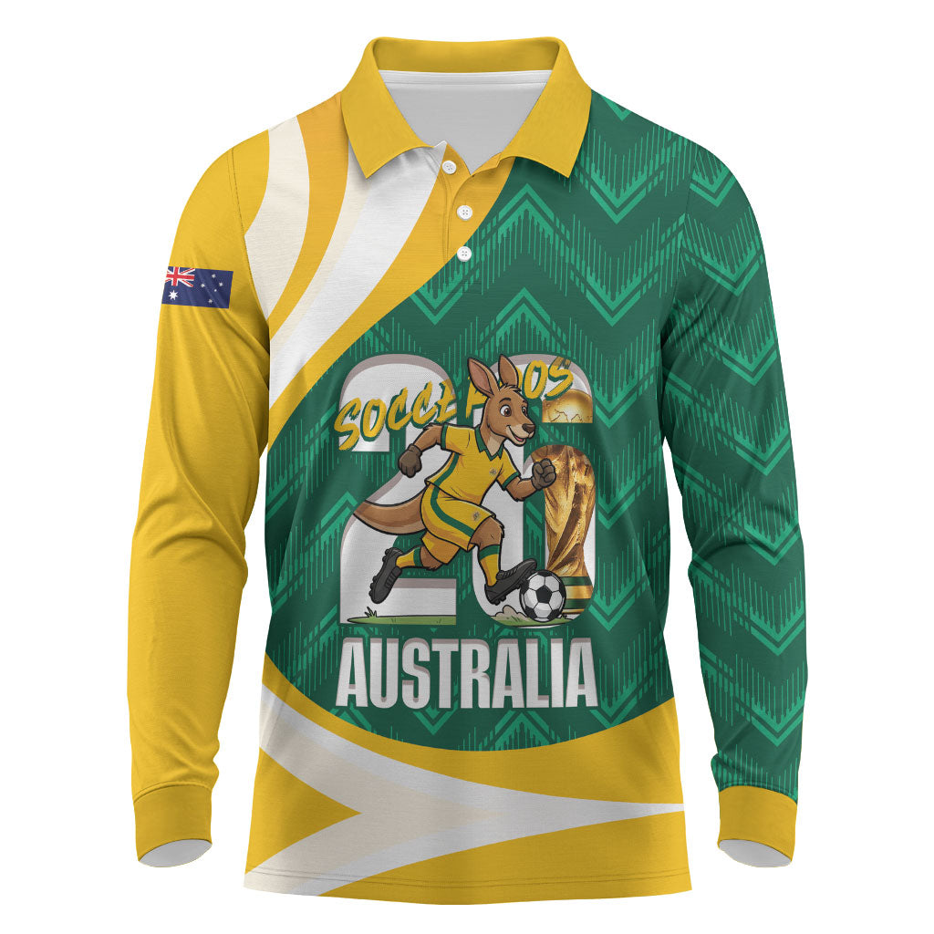 Australia 2026 Soccer Custom Long Sleeve Polo Shirt Go Socceroos Kangaroo Mascot Green Sporty
