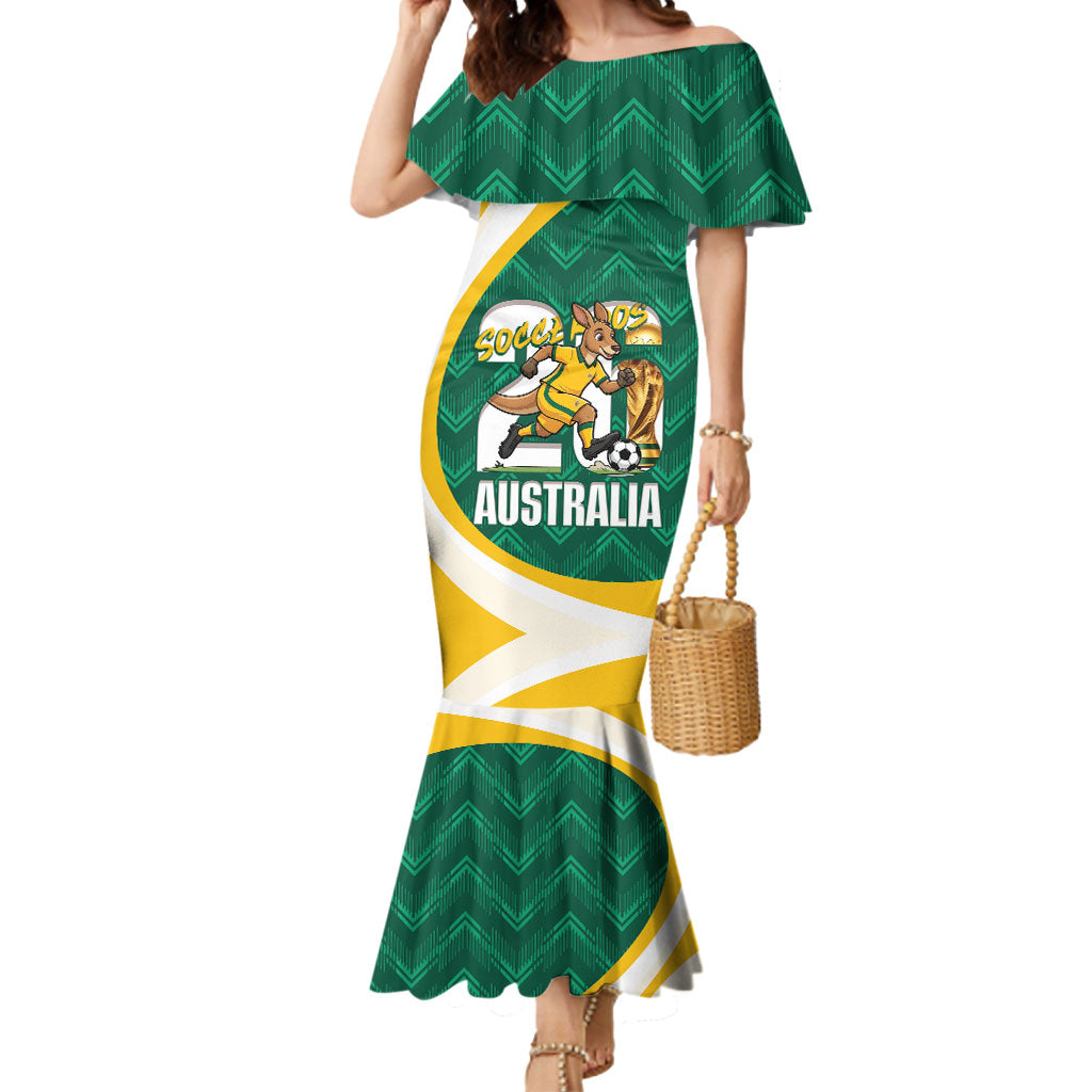 Australia 2026 Soccer Custom Mermaid Dress Go Socceroos Kangaroo Mascot Green Sporty