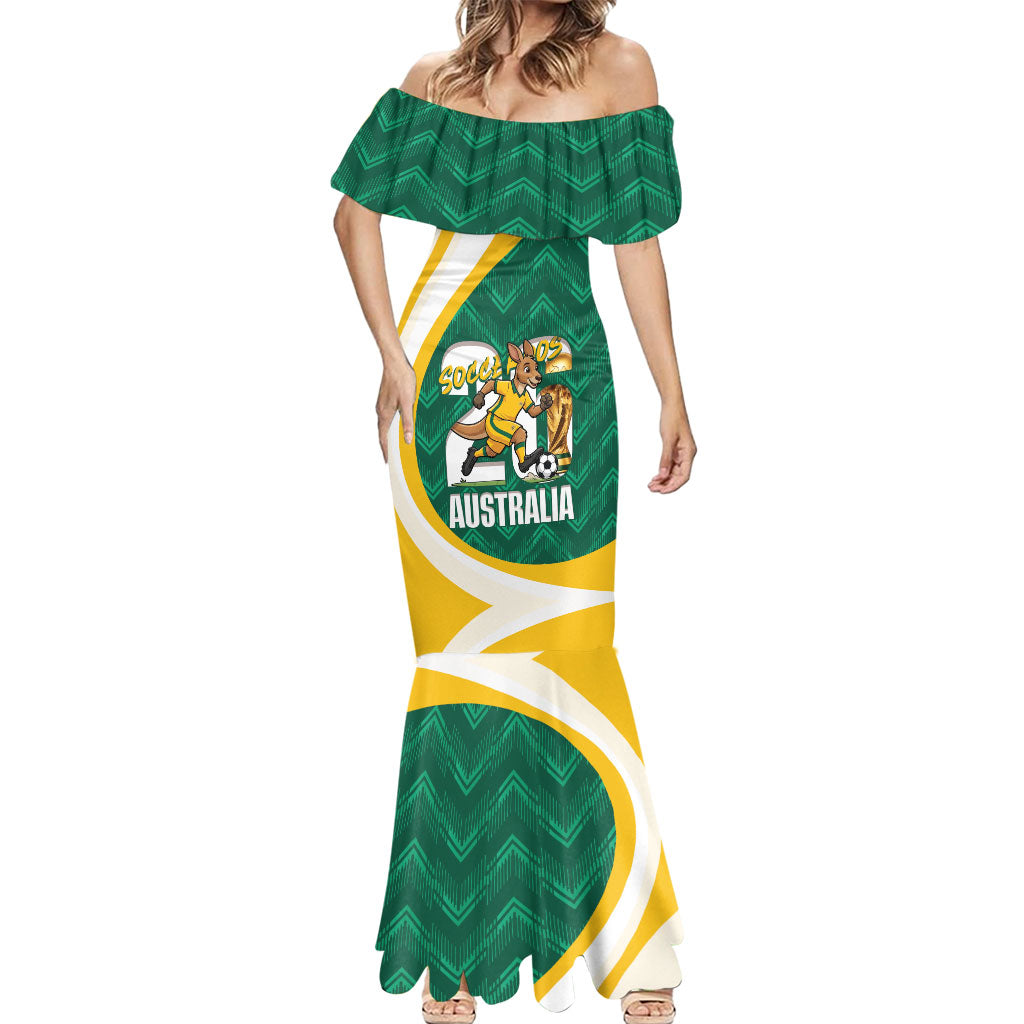 Australia 2026 Soccer Custom Mermaid Dress Go Socceroos Kangaroo Mascot Green Sporty