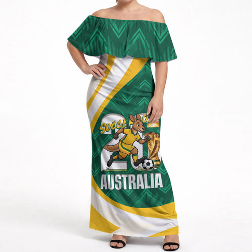 Australia 2026 Soccer Custom Off Shoulder Maxi Dress Go Socceroos Kangaroo Mascot Green Sporty