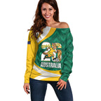Australia 2026 Soccer Custom Off Shoulder Sweater Go Socceroos Kangaroo Mascot Green Sporty