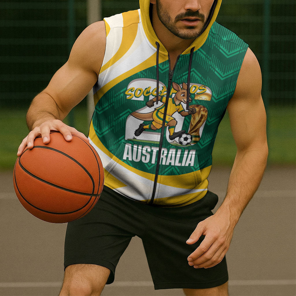 Australia 2026 Soccer Custom Sleeveless Zip Hoodie Go Socceroos Kangaroo Mascot Green Sporty