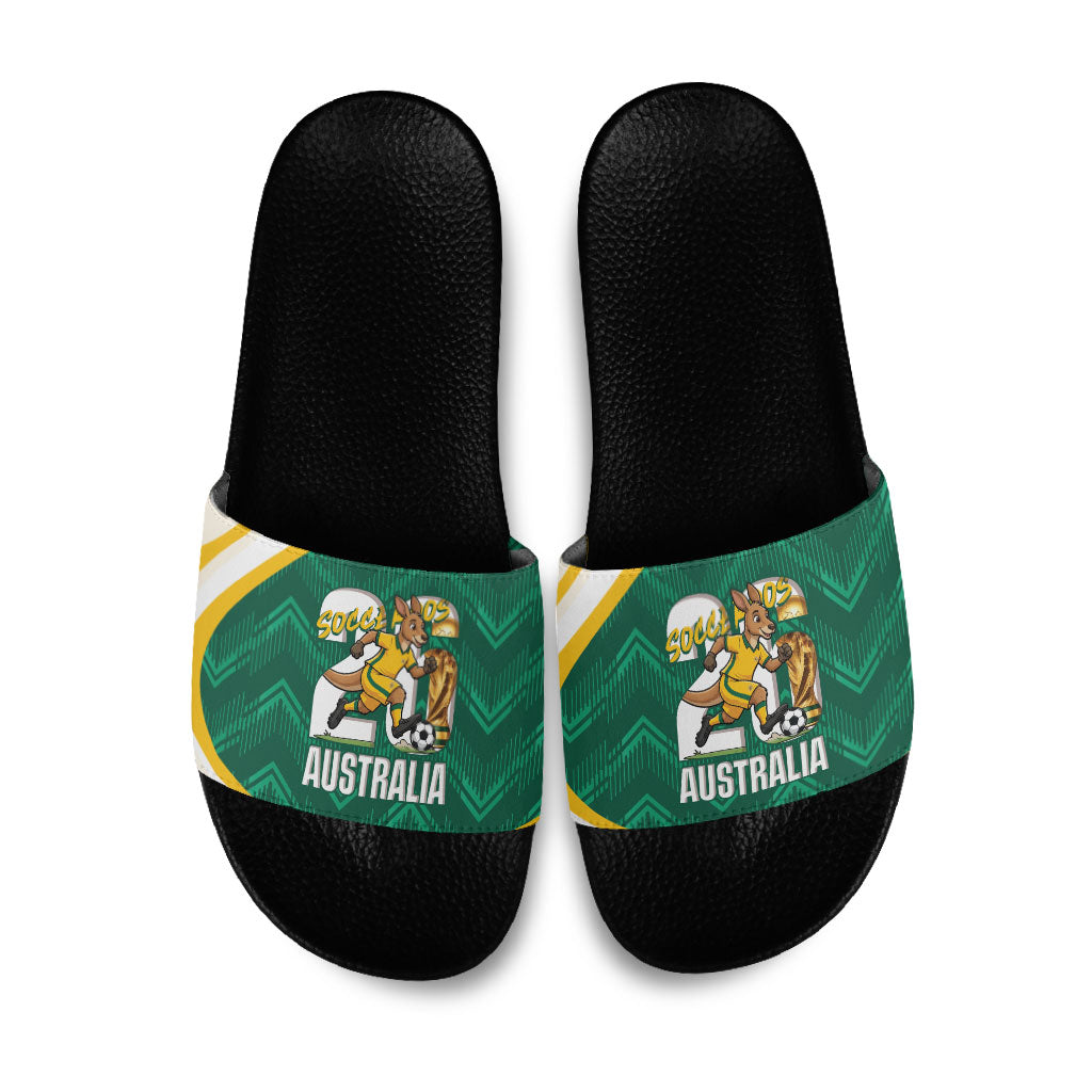 Australia 2026 Soccer Slide Sandals Go Socceroos Kangaroo Mascot Green Sporty