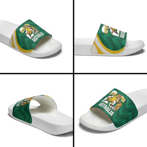 Australia 2026 Soccer Slide Sandals Go Socceroos Kangaroo Mascot Green Sporty