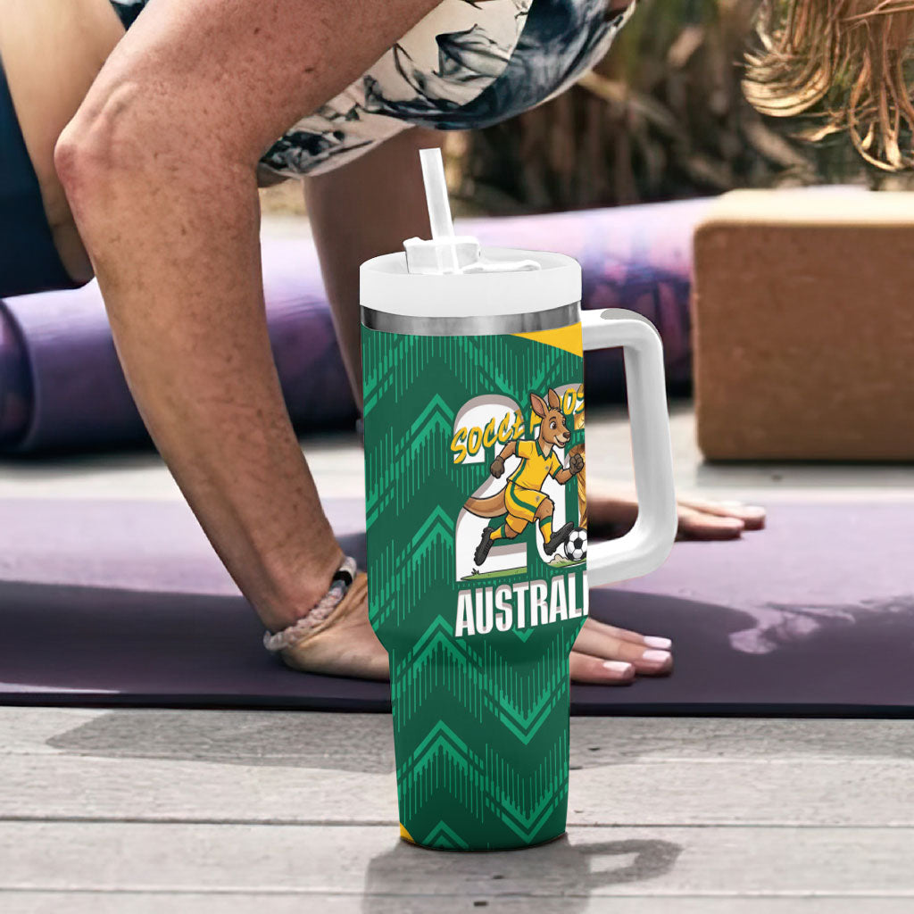 Australia 2026 Soccer Custom Tumbler With Handle Go Socceroos Kangaroo Mascot Green Sporty