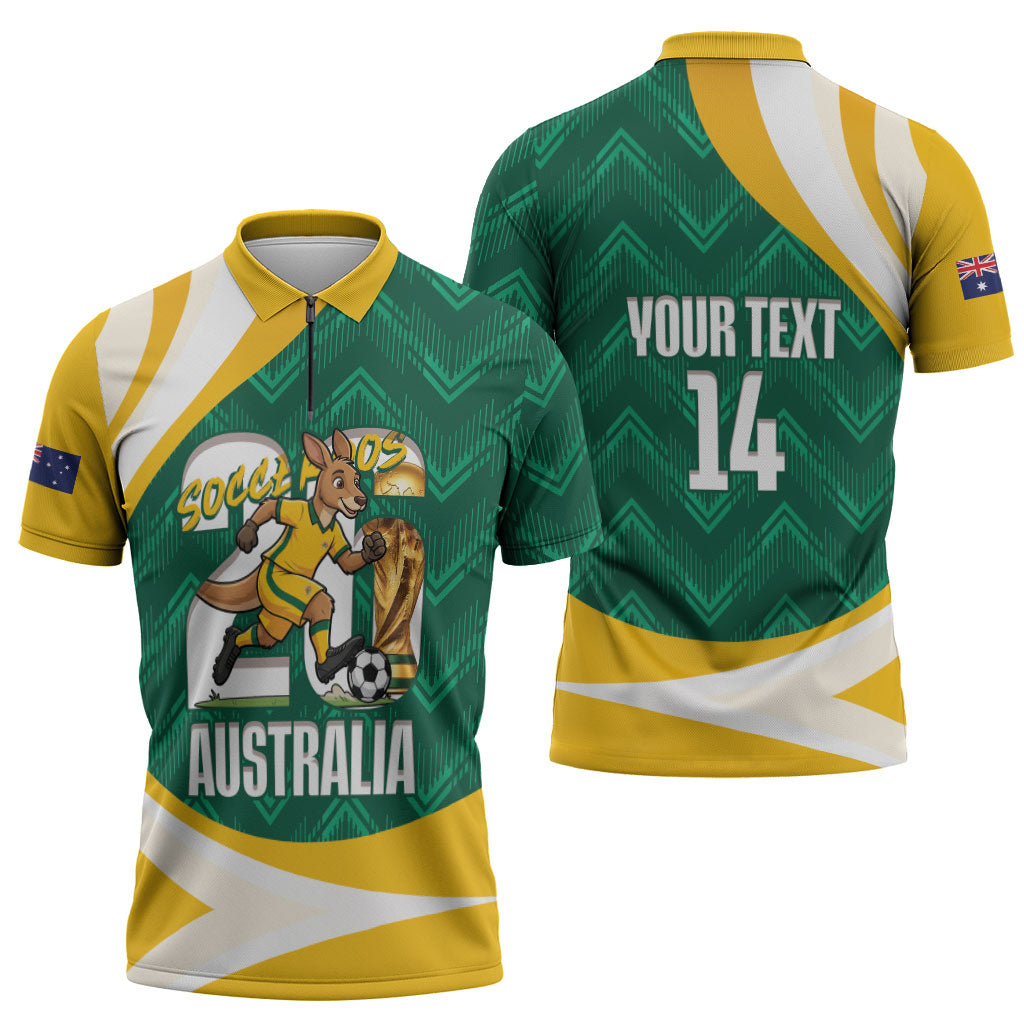Australia 2026 Soccer Custom Zipper Polo Shirt Go Socceroos Kangaroo Mascot Green Sporty