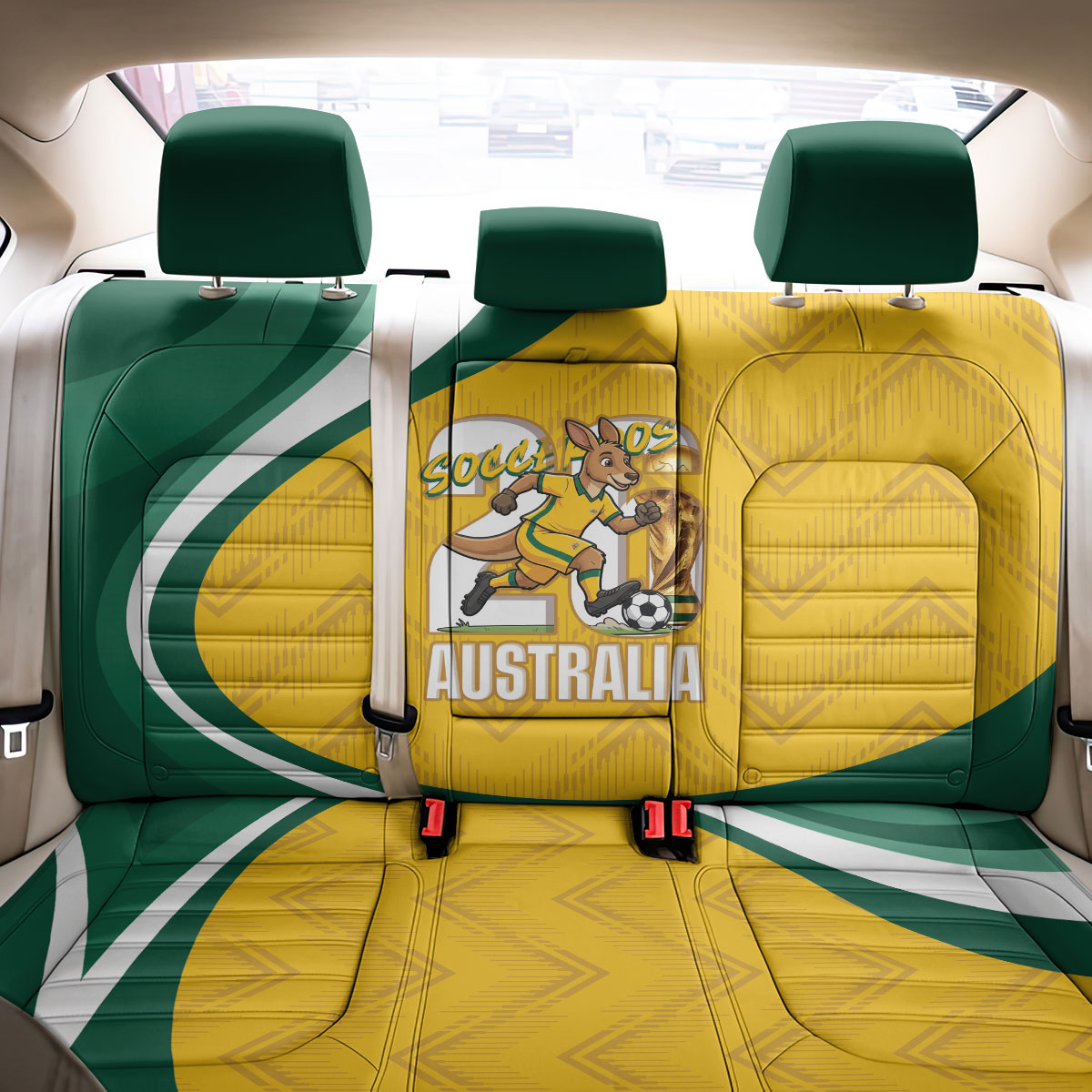Australia 2026 Soccer Back Car Seat Cover Go Socceroos Kangaroo Mascot Yellow Sporty