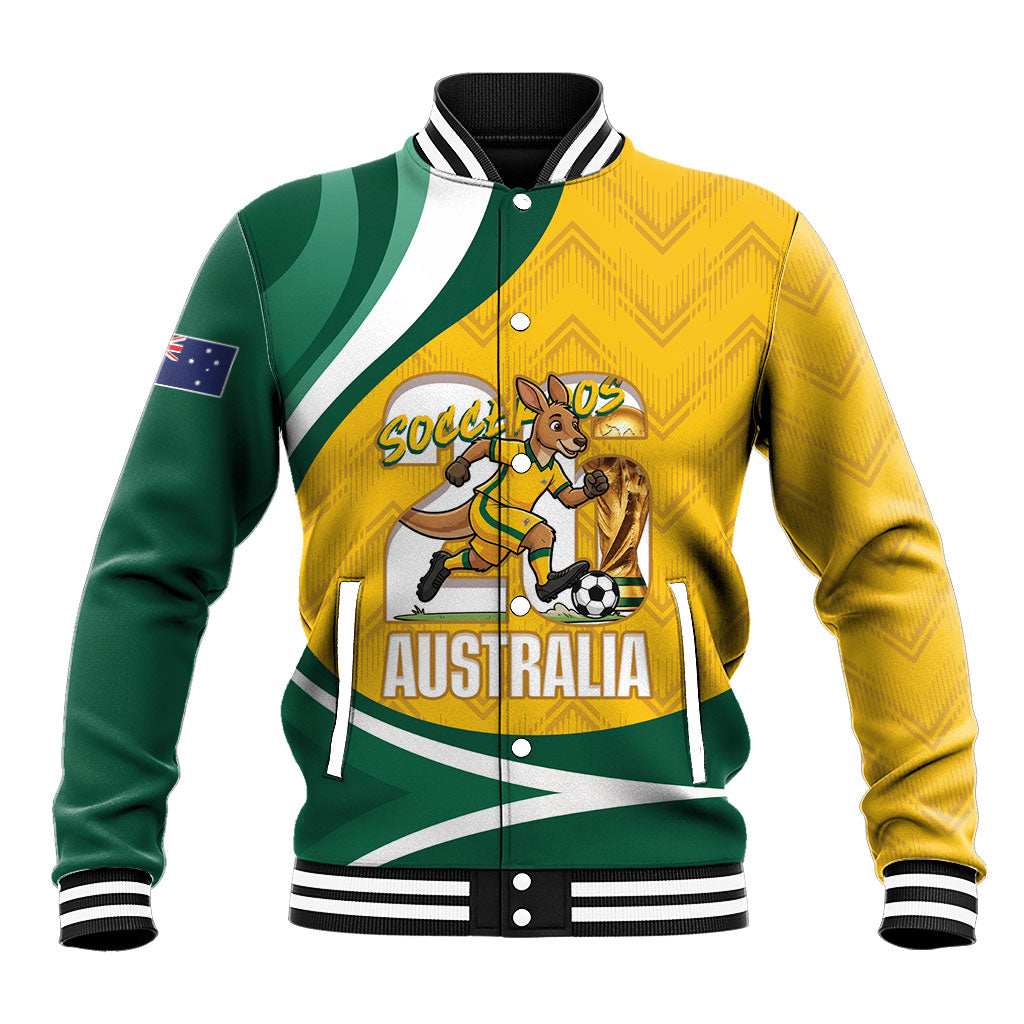 Australia 2026 Soccer Custom Baseball Jacket Go Socceroos Kangaroo Mascot Yellow Sporty