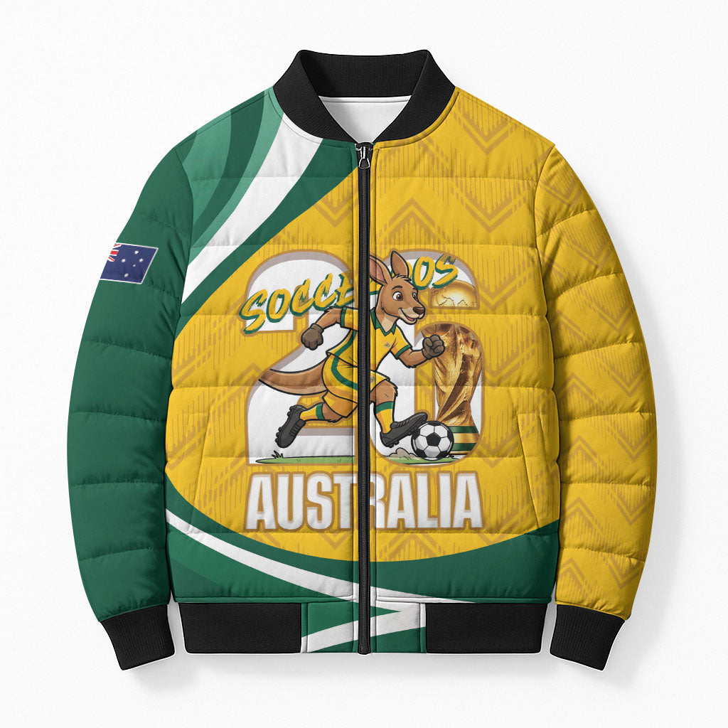 Australia 2026 Soccer Custom Bomber Puffer Jacket Go Socceroos Kangaroo Mascot Yellow Sporty