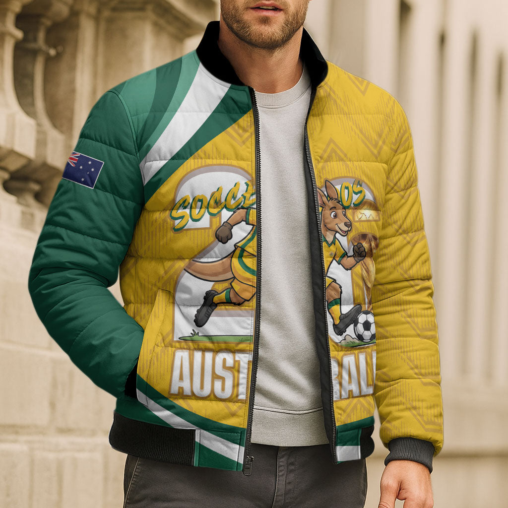 Australia 2026 Soccer Custom Bomber Puffer Jacket Go Socceroos Kangaroo Mascot Yellow Sporty
