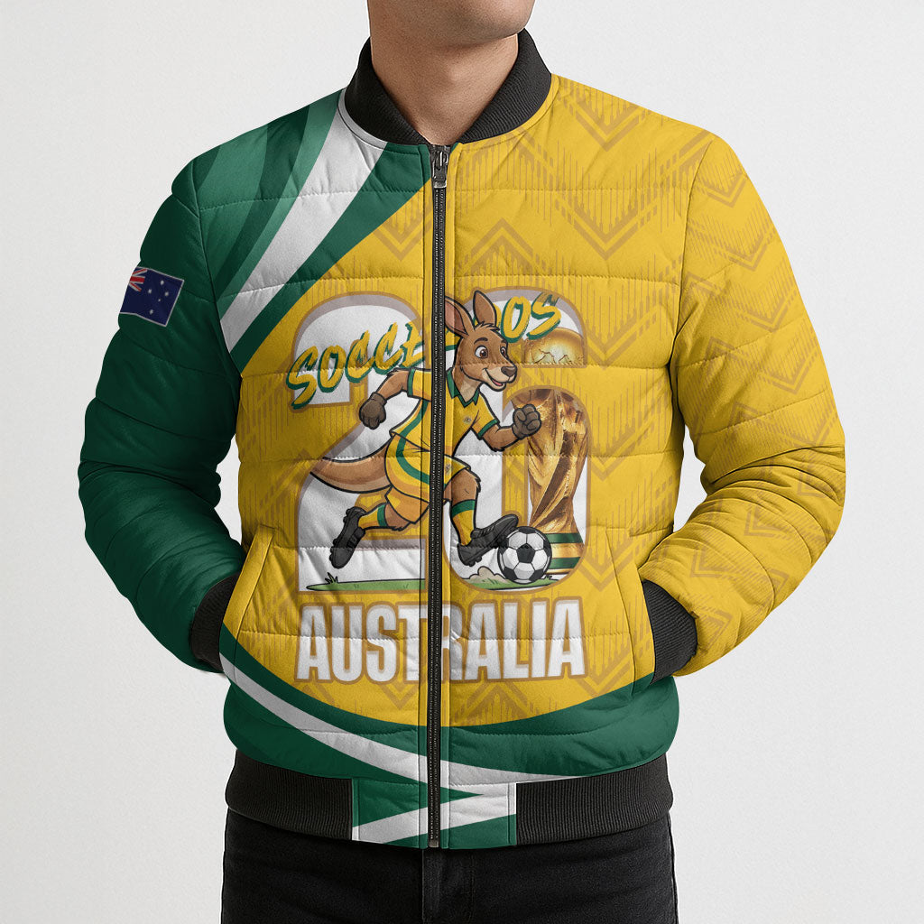 Australia 2026 Soccer Custom Bomber Puffer Jacket Go Socceroos Kangaroo Mascot Yellow Sporty