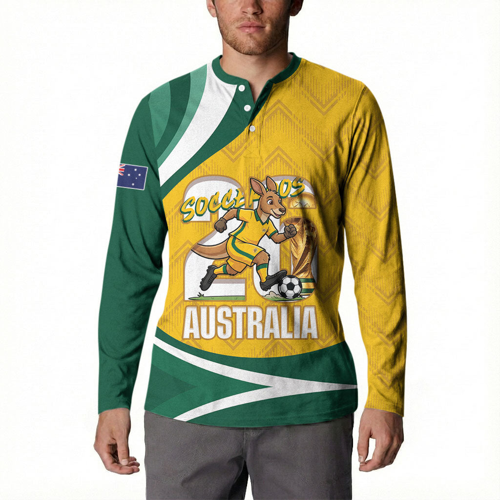 Australia 2026 Soccer Custom Button Sweatshirt Go Socceroos Kangaroo Mascot Yellow Sporty