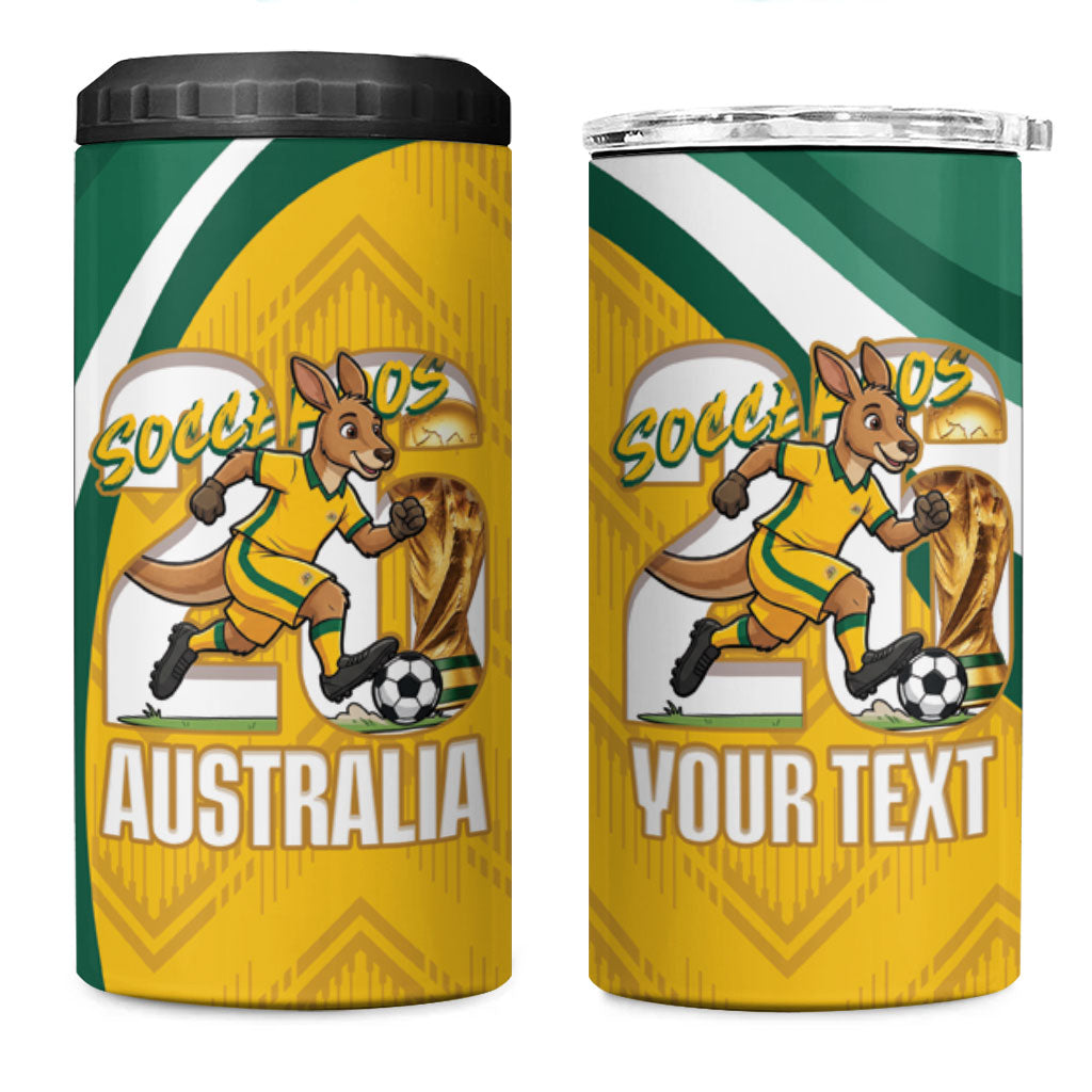 Australia 2026 Soccer Custom 4 in 1 Can Cooler Tumbler Go Socceroos Kangaroo Mascot Yellow Sporty
