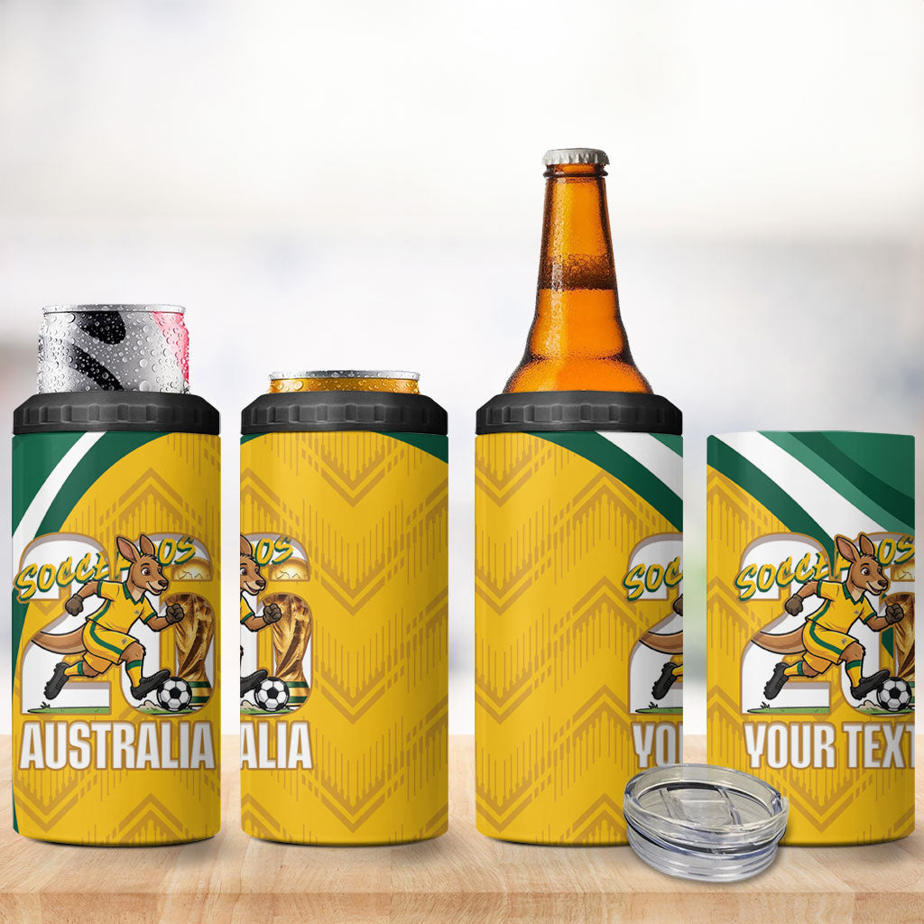 Australia 2026 Soccer Custom 4 in 1 Can Cooler Tumbler Go Socceroos Kangaroo Mascot Yellow Sporty