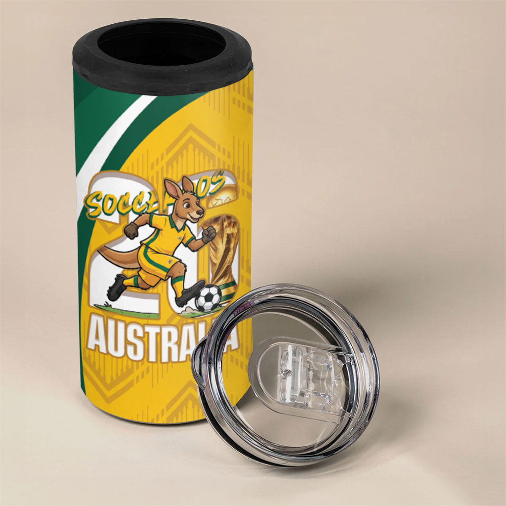 Australia 2026 Soccer Custom 4 in 1 Can Cooler Tumbler Go Socceroos Kangaroo Mascot Yellow Sporty