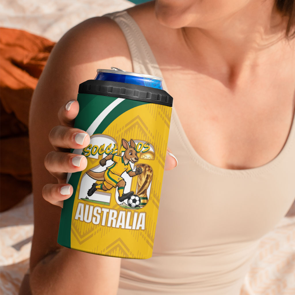 Australia 2026 Soccer Custom 4 in 1 Can Cooler Tumbler Go Socceroos Kangaroo Mascot Yellow Sporty