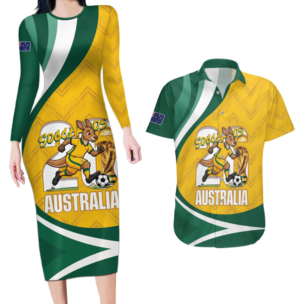 Australia 2026 Soccer Custom Couples Matching Long Sleeve Bodycon Dress and Hawaiian Shirt Go Socceroos Kangaroo Mascot Yellow Sporty