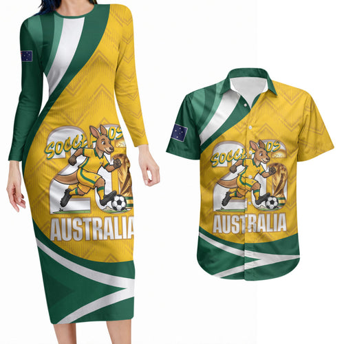 Australia 2026 Soccer Custom Couples Matching Long Sleeve Bodycon Dress and Hawaiian Shirt Go Socceroos Kangaroo Mascot Yellow Sporty