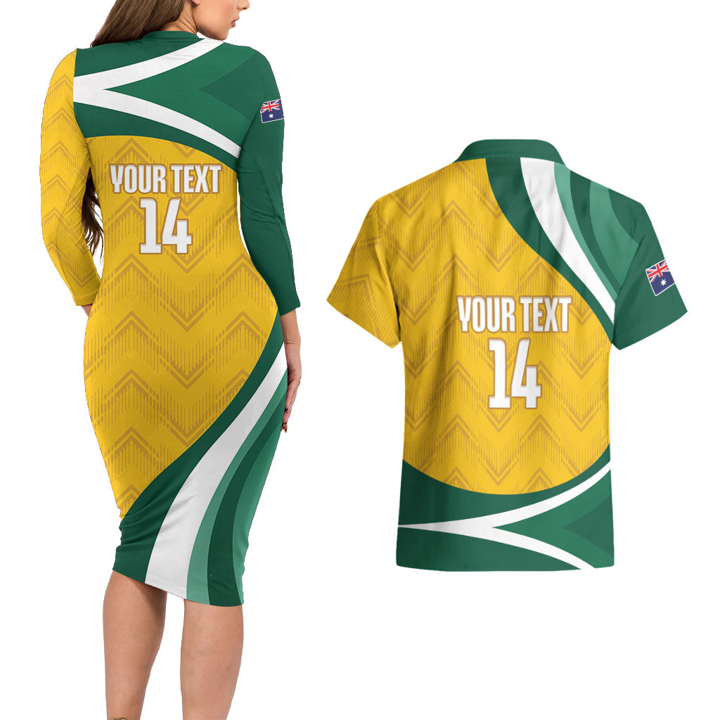 Australia 2026 Soccer Custom Couples Matching Long Sleeve Bodycon Dress and Hawaiian Shirt Go Socceroos Kangaroo Mascot Yellow Sporty