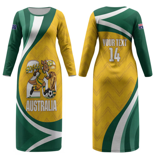 Australia 2026 Soccer Custom Couples Matching Long Sleeve Bodycon Dress and Hawaiian Shirt Go Socceroos Kangaroo Mascot Yellow Sporty LT14